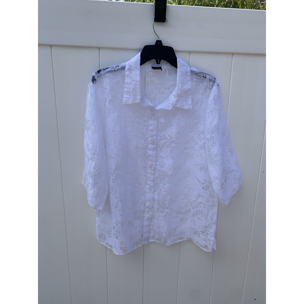Salon Studio Women's Lace Blouse Petite PL White Sheer Button Up 3/4 Sleeve